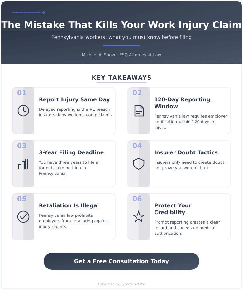 Infographic: Injured at Work in the Lehigh Valley? Here's the One Mistake That Kills Most Workers' Comp Claims - Key concepts and takeaways