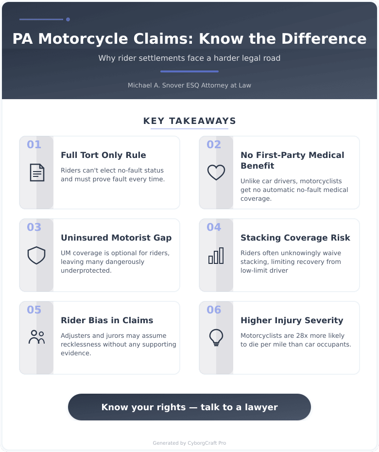 Infographic: Motorcycle Riders in Pennsylvania: Why Your Accident Settlement Is Treated Differently Than a Car Crash - Key concepts and takeaways