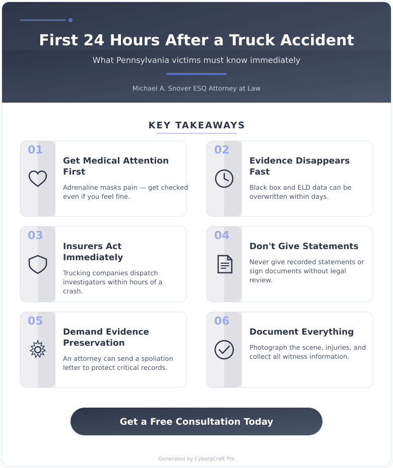 Infographic: What Really Happens in the First 24 Hours After a Truck Accident in Pennsylvania - And Why It Matters for Your Case - Key concepts and takeaways